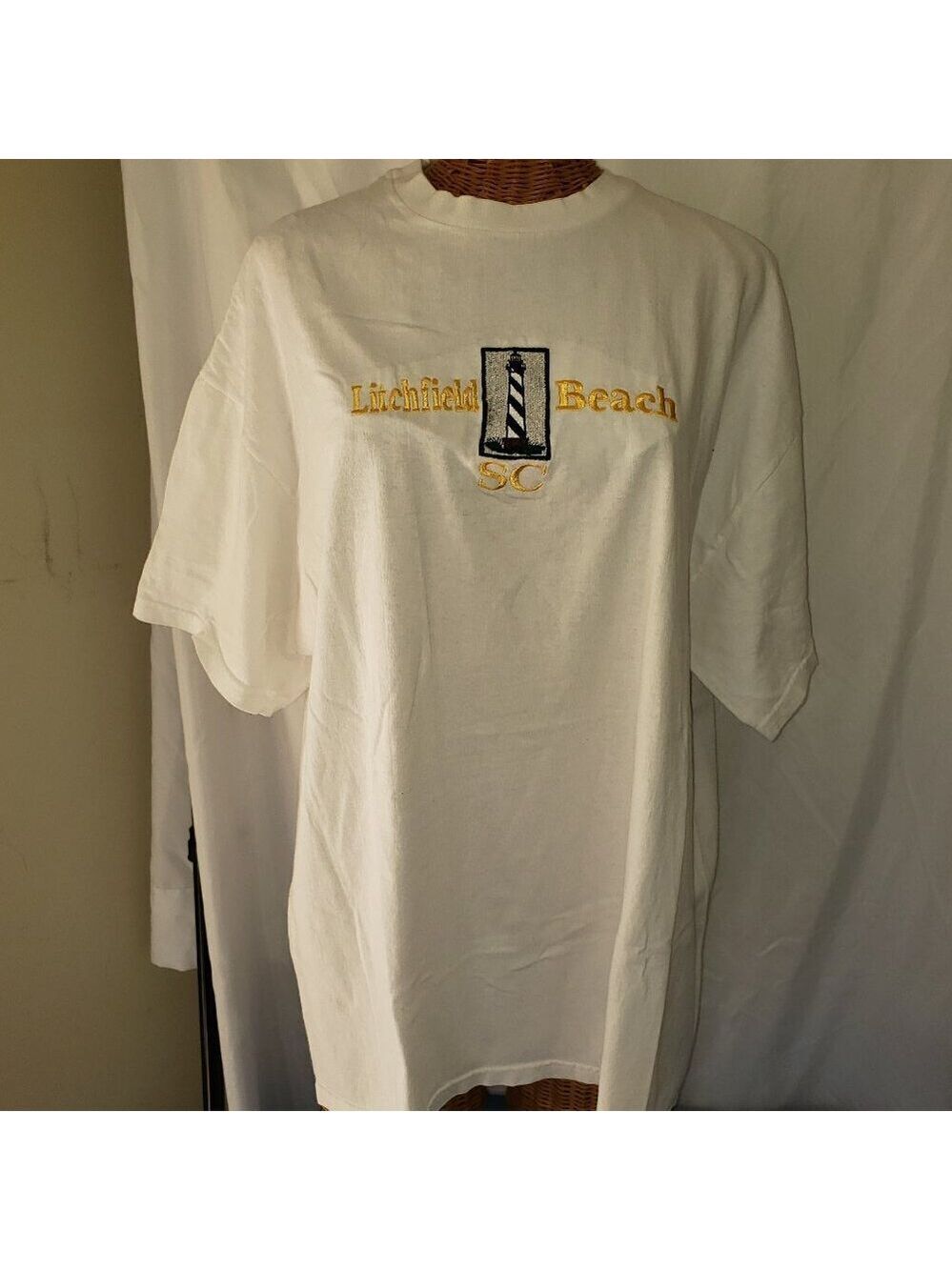 Hanes women's white t-shirt w/embroidered lighthouse from Litchfield, SC - XL